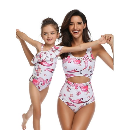 One-piece Swimming Costume Family Matching Hollow Out Swimsuit Swimwear Kid Girl Women Beachwear Bathing Suit Floral Print Pink