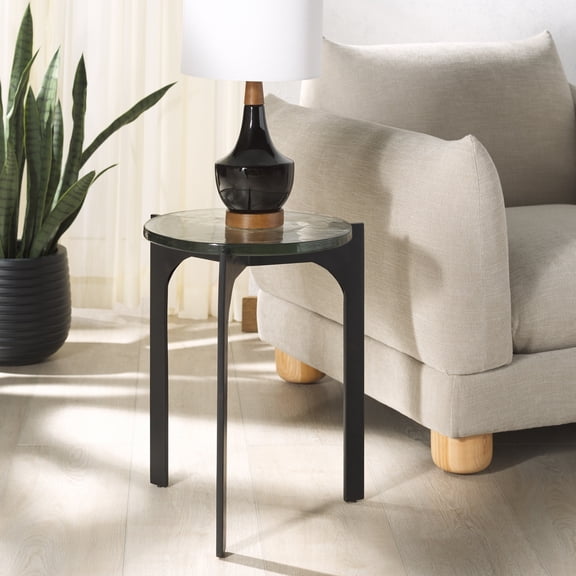Safavieh Couture Seymour Contemporary Metal and Casted Glass Round End Table, Black/Clear