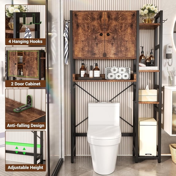 iSunirm Over The Toilet Storage Cabinet with Doors, 7 Tier Freestanding Bathroom Organizer with Adjustable Shelf & 4 Hooks for Bathroom, Restroom, Laundry, Rustic Brown
