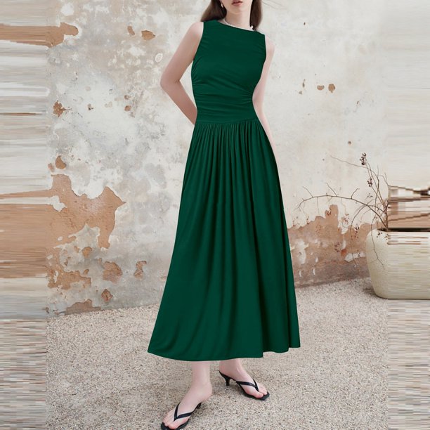 WILLBEST Vestidos De Mujer Vestido Casual Sin Mangas De Color Sólido Para Mujer Vestido Midi De Verano Con Cintura Ajustada A La Moda