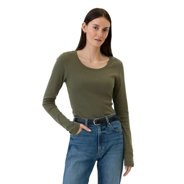 Remera GAP para mujer de manga larga, cuello redondo, color oliva, talla XXL
