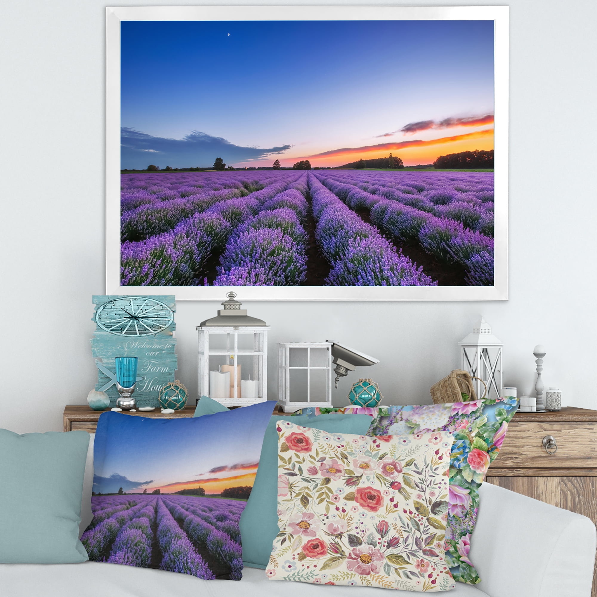 Designart 'Dramatic Clouds and Sunrise Over Lavender Field I' Farmhouse Framed Art Print