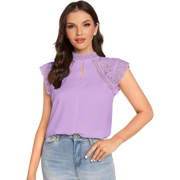 Blusas elegantes de encaje en contraste para mujer Blanco Nieve XS Blanco Nieve XS Xishao ropa