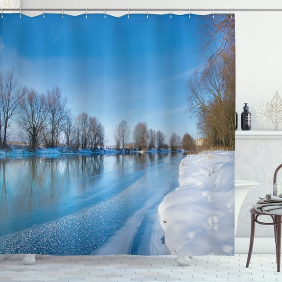 Ambesonne Winter Shower Curtain, Freezing Weather Sky, 69"Wx75"L, Blue White Brown