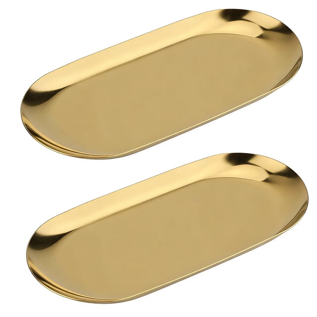Set de 2 Bandejas Decorativas Ovaladas de Acero Inoxidable Dorado de 7 Pulgadas para Organizar Joyas Cosméticos y Baño
