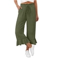 thumbnail image 4 of Linen Pants Women Summer Casual Ruffle Hem Wide Leg Drawstring Elastic Waist Capri Pants with Pockets Beach Vacation Travel Pants S, 4 of 7