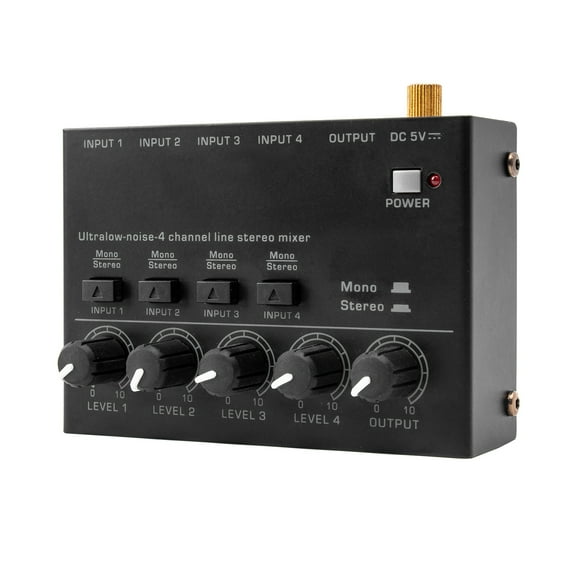 Ultra Low Noise 4-Channel Line Stereo Mixer - 4 Input 1 Output, DC 5V, Portable Mini Audio Mixer - Ideal for Microphone, Guitar, Bass, Keyboard - Suitable for Bar, Stage, Studio