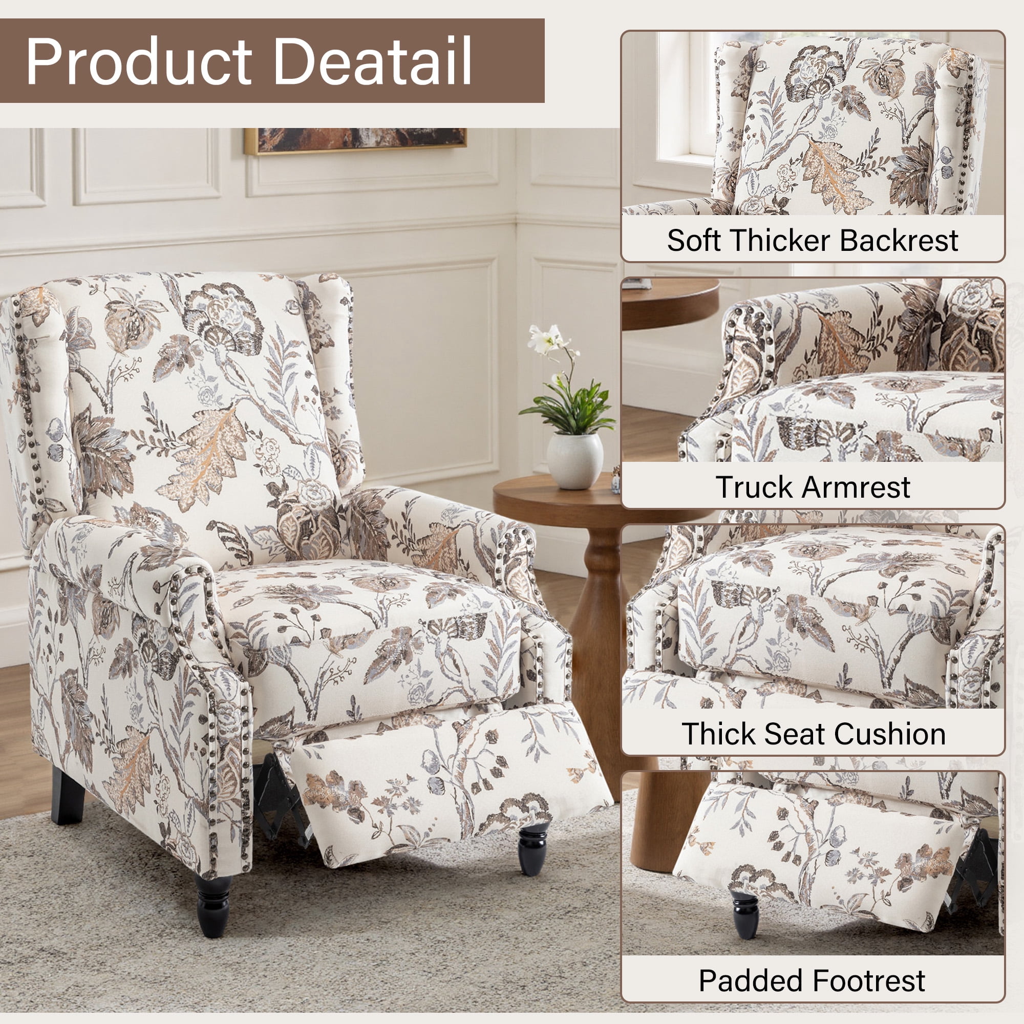 UIXE Floral Pushback Recliner Chair, Fabric Upholstered Armchair Push Back Accent Chair for Living Room, Rivet Trim Club Chair Home Theater Single Sofa Reading Seat, Plants Beige