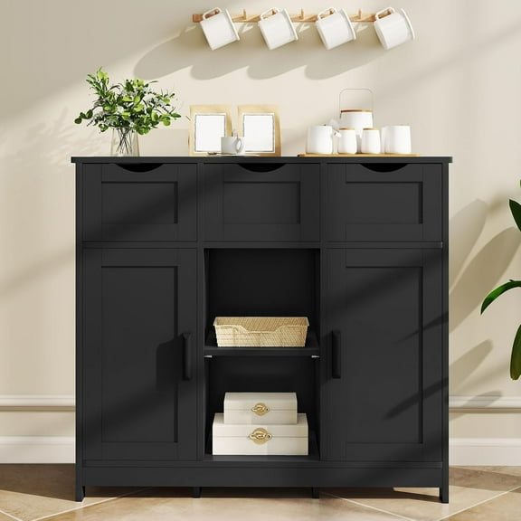 LIZEVINC Storage Cabinets, Wooden Floor Cabinet, with Drawers and Shelves Storage Cabinets, Accent Cabinet for Living Room, Bedroom,Bathroom Furniture Home Decor(Black)