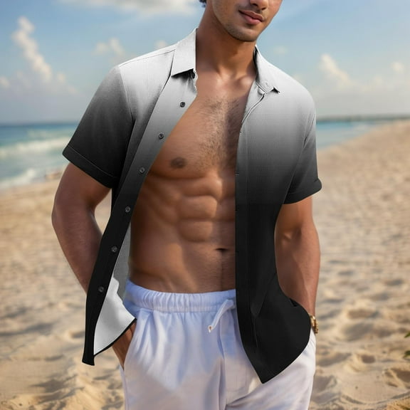 Vetsdori Short Sleeve T-Shirts for Men Fashion Gradient Print Button Button up Navy Collared Holiday Pocket Mens Shirts Crew Neck