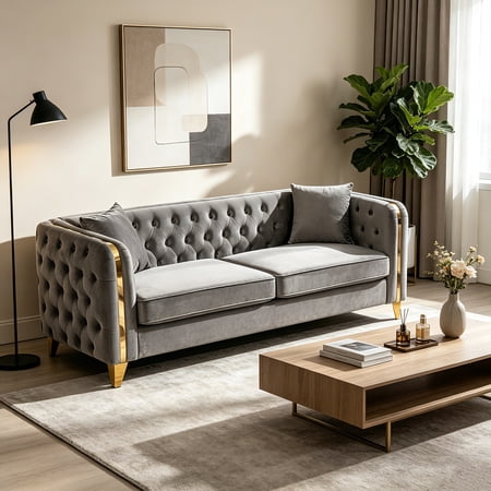 AUU 81" Velvet Button-Tufted Chesterfield Sofa with Gold Stainless Steel Legs & Accents – Elegant 3-Seater Couch for Living Room, Bedroom, or Office