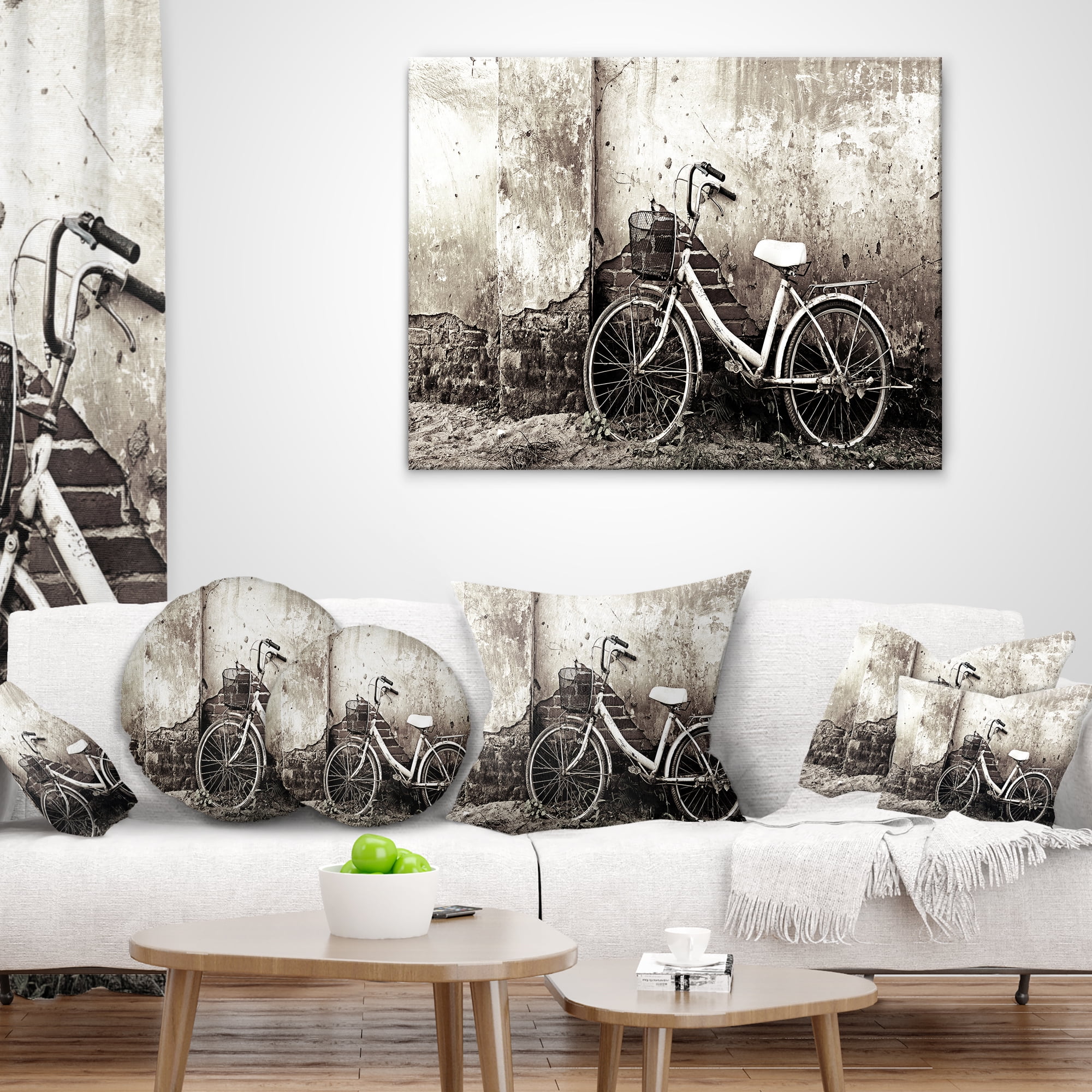 Designart Old Bicycle and Cracked Wall - Photography Throw Pillow - 18x18
