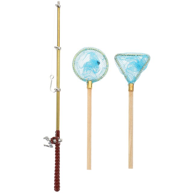 EeaseCA 1 Set of Miniature Fishing Rod Life Scene Models Doll House Decoration Miniature Fish Rod Fishing Net