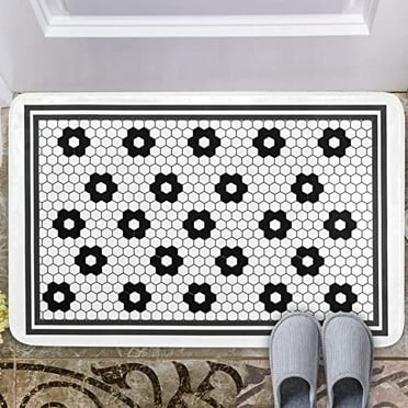 Bath Mats for Bathroom Black White Flower Hex Tile Print Non Slip Outdoors Indoors Welcome Front Door Mat Floor Mat Home Decor 24x16 Inch