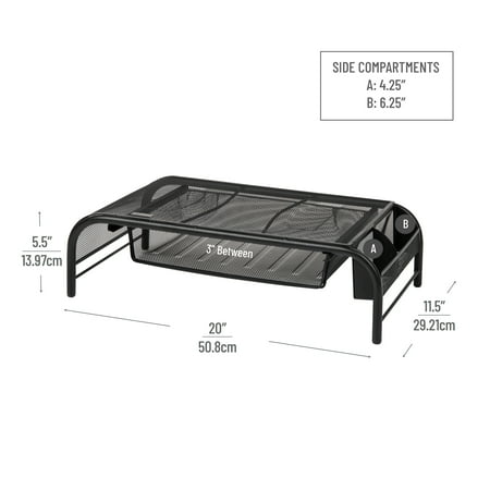 Mind Reader - Monitor Stand, Ventilated Laptop Riser, Paper Tray, Storage, Office, Metal Mesh, 20"L x 11.5"W x 5.5"H - Black