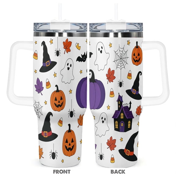 40oz Halloween Ghost Pumpkin Witch Hat Insulated Car Tumbler with Handle and Straw Travel Coffee Cup Gift