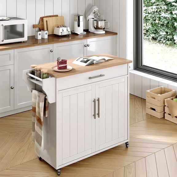Pingliang Home Rolling Kitchen Storage Carts with Towel Rack and Drawers, Kitchen Island with Wheel,Rubberwood,White, 35"