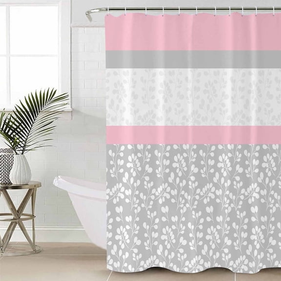 Pink Grey Small Stall Shower Curtain, Waterproof Shower Curtains for Bathroom, Chic Garden Floral Stripe Aesthetic Flower Boho Washable Fabric Cloth Bath Curtain for Bathtub with Hooks 36x72 Inches