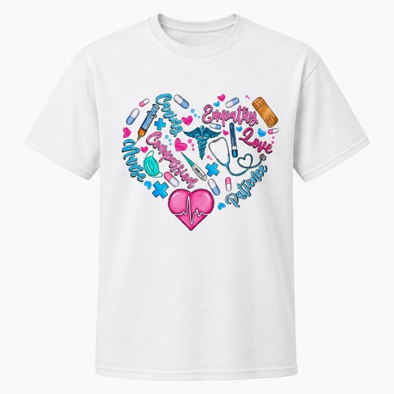 Nurse Heart Graphic T-Shirt, Medical Care Words Unisex Tee