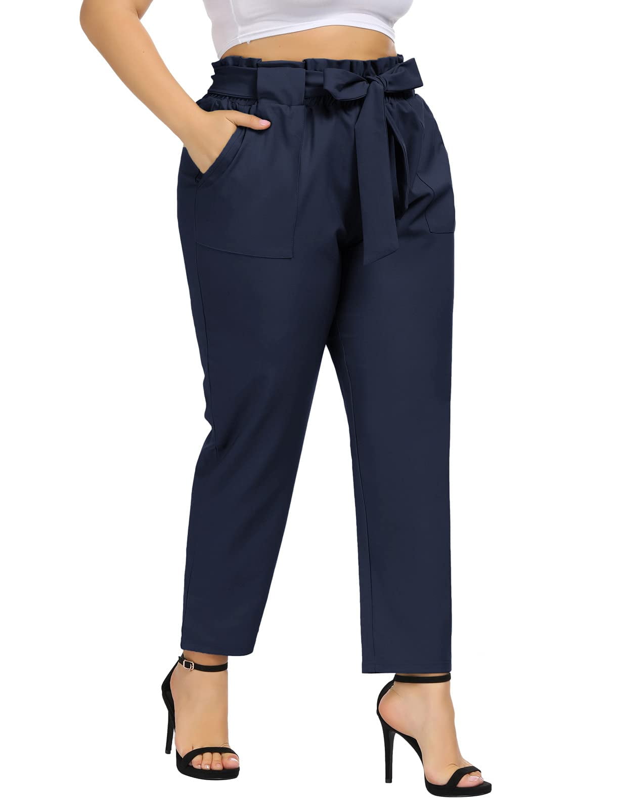 Hanna Nikole Women Plus Size High Waisted Casual Pant Paper Bag Pants Elastic Waist with Pockets
