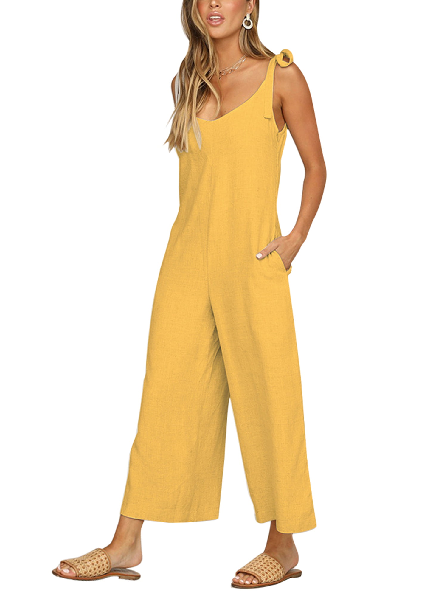Women’s Summer Sleeveless Baggy Dungarees with Pockets Loose Playsuit Overalls Cotton Linen Strappy Jumpsuit Wide Leg Long Pants Women Summer Casual Outfits S-3XL 
