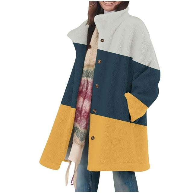 Vestes d'Hiver pour Femmes, Veste d'Hiver Décontractée Ample Imprimée à Col à Revers Manches Longues Doublée de Polaire, Veste d'Hiver pour Femmes