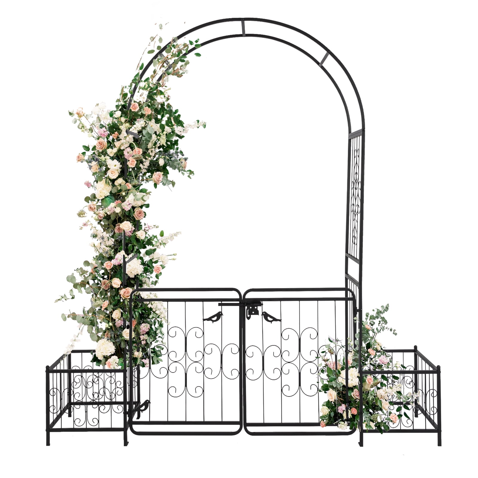 Iron Art Garden Arch Trellis, Arc Top Arch with Door & Planting Frame, Powder Coated Rustproof Free-standing Trellis for Climbing Flowers Vines Roses