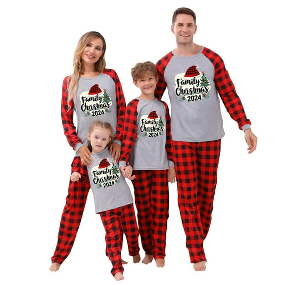 Odeerbi Christmas Pajamas for Family Holiday Long Sleeve Family Christmas Pajamas Matching Sets Kids Casual Printed Top with Bottom Outfits Home Wear Sleepwear Family Matching PJs Set Red