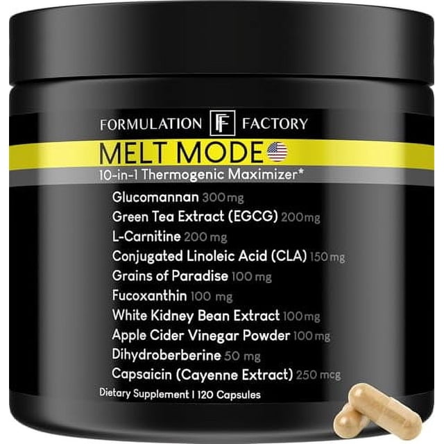 suplemento de bienestar 10 en 1 melt mode con extracto de té verde, l-carnitina, cla, glucomanano y más (120 cápsulas - suministro para 2 meses) Frasco negro frontal con banda amarilla y logo Formulation Factory, etiqueta que lista ingredientes clave y dosis (Glucomannan 300 mg; Green Tea Extract 200 mg; L-Carnitine 200 mg; CLA 150 mg), dos cápsulas beige situadas delante, vista centrada y enfoque cercano; a menudo usado como complemento dietario para quienes buscan termogénicos y apoyo en control de peso.