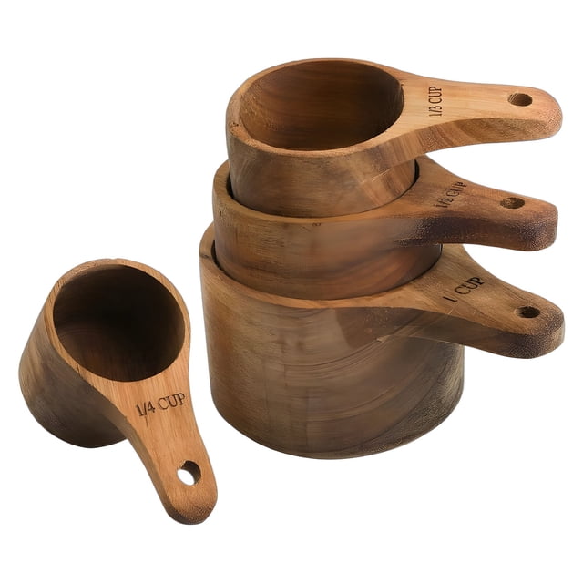 Solid Wood Engraved Measuring Cups and Spoons Set for Precise Baking Cooking Kitchen
