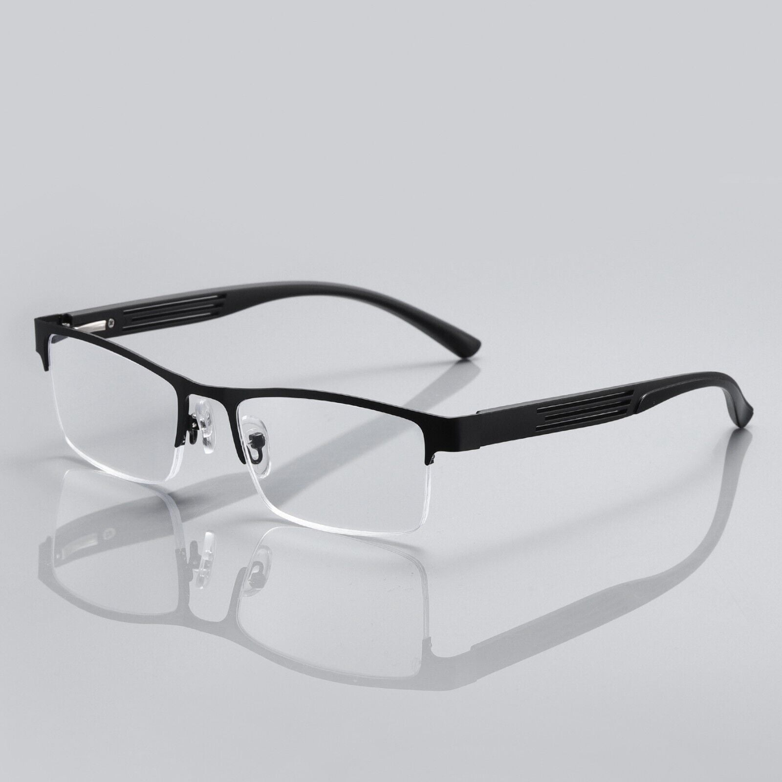 B & Q 5 PK Mens Reading Glasses Spring Hinge - Square Metal Half-Frame - Blue Light Blocker Readers +3.50