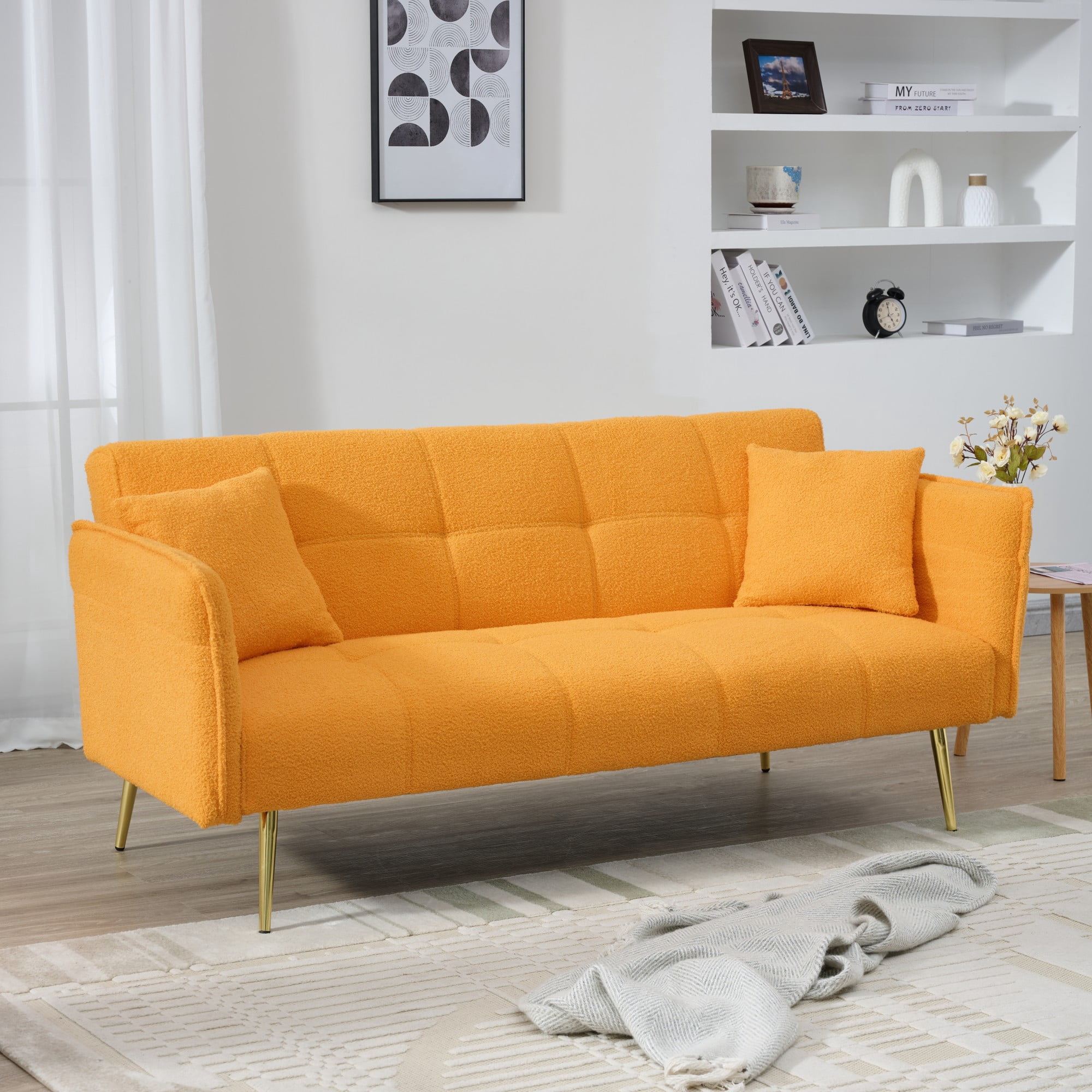 Gewnee Futon Sofa Bed, Convertible Double Sofa Bed with Folding Armrests - Teddy Velvet Fabric & Sturdy Wood Frame for Living Rooms & Small Spaces，Yellow