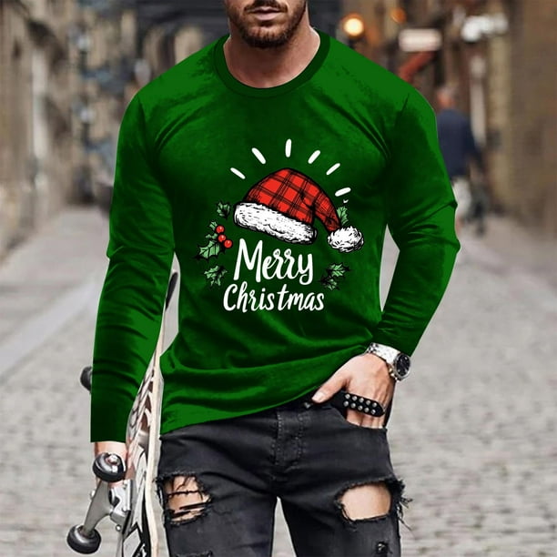 Blusas y camisas de manga larga y cuello redondo para hombre, informales, con estampado navideño, deportivas, de poliéster.