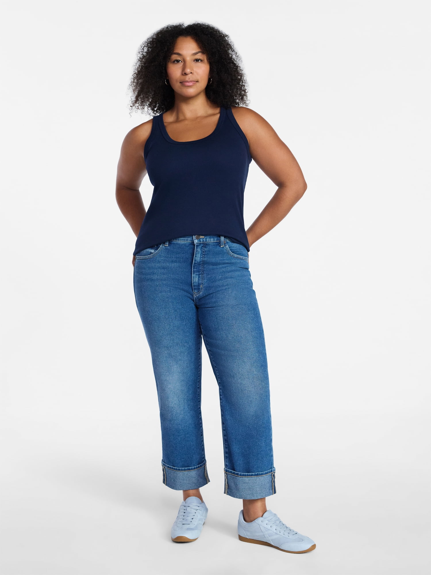 Time and Tru Women's High Rise Straight Leg Cuffed Jeans, 26.5" Inseam, Sizes 0-20