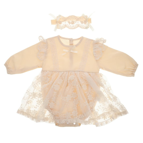 Pelele de encaje para recién nacida, manga larga con diadema, conjunto infantil, cómodo vestido de princesa de encaje de lino y algodón para uso diario en primavera, fiestas y sesiones de fotos