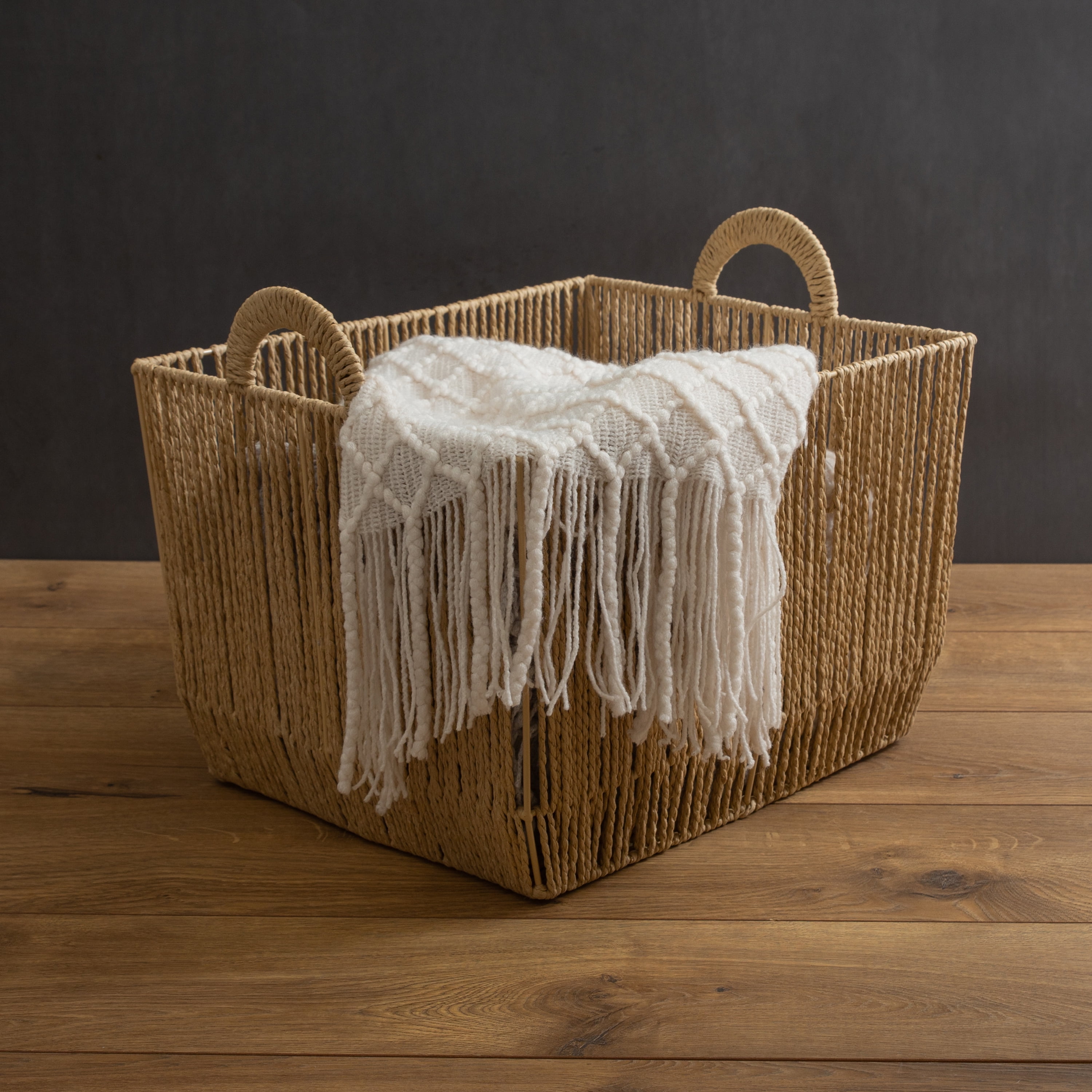 Simplify Vertical Weave Paper Rope Small Storage Basket with Round Handles