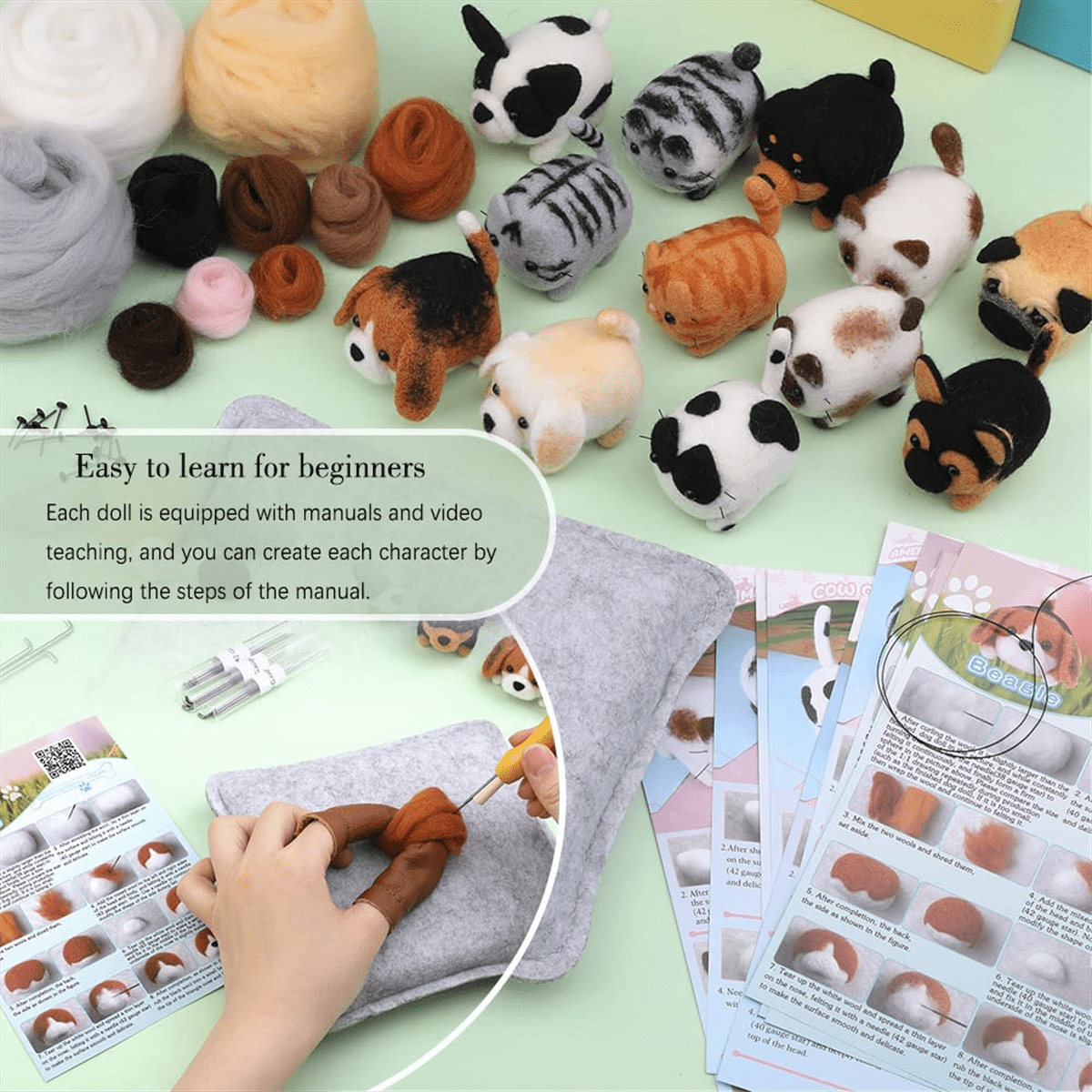 Needle Felting Kit,12 Pcs Doll Wool Beginner Kit with Instruction,Felting Foam Mat and DIY Craft