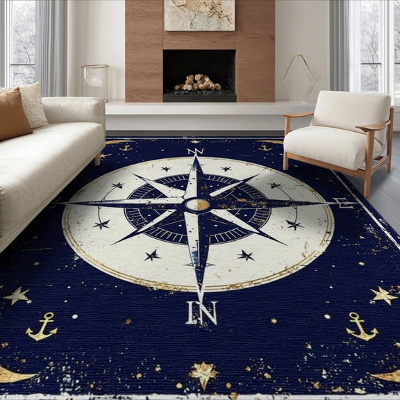 ODIKA 8'x10' Washable Area Rug Compass Boat Nautical Vintage Motif Round Circular Retro Fish for Dining Room, Large Office, Lounge, Non-Slip Chair-Friendly Mat