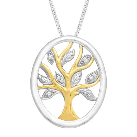 Duet Tree of Love Oval Pendant Necklace with Diamonds in Sterling Silver & 14kt Gold