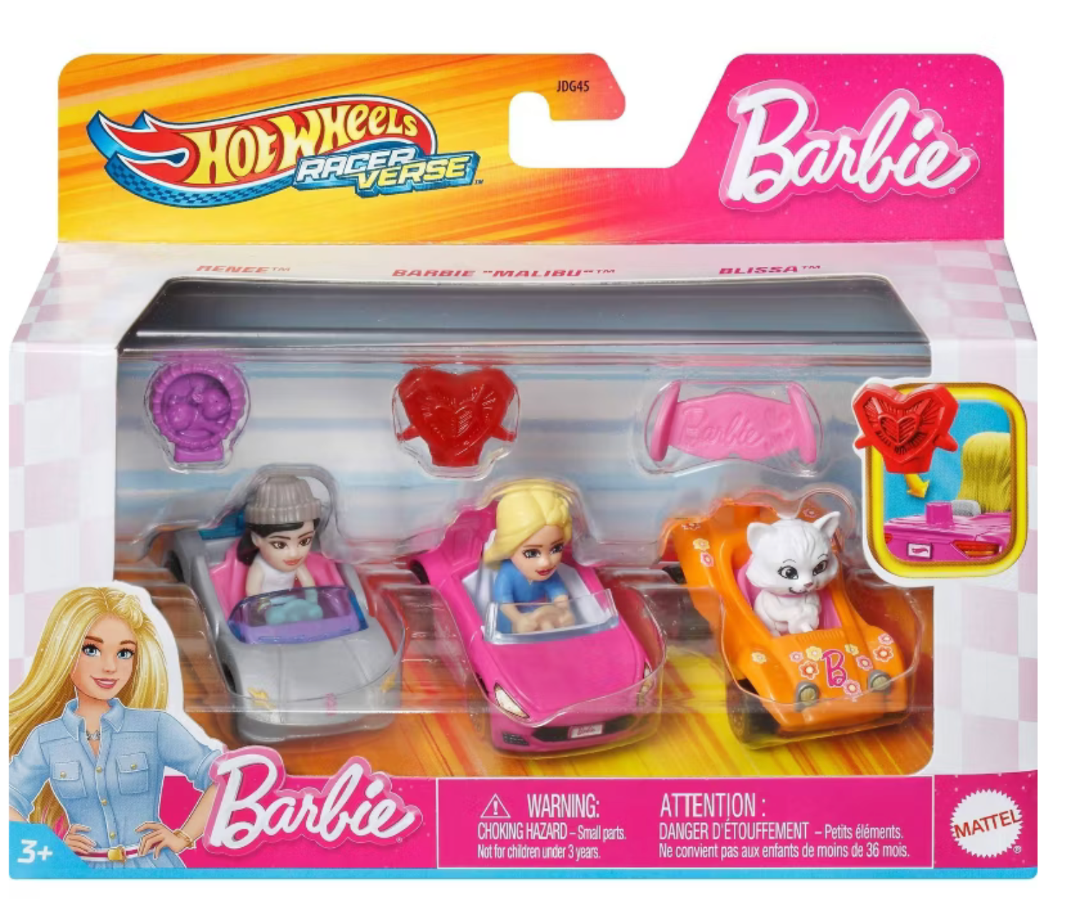 Hot Wheels Racer Verse Barbie 3-Pack- Renee, Malibu Barbie, and Blissa