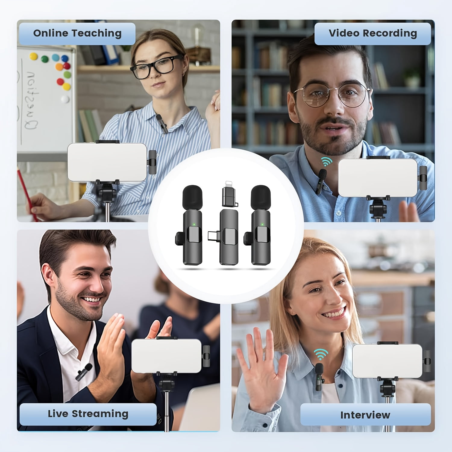Wireless Lavalier Microphone Kit with 2 Mics, Receiver, Noise Reduction, Plug & Play, Omnidirectional, Portable