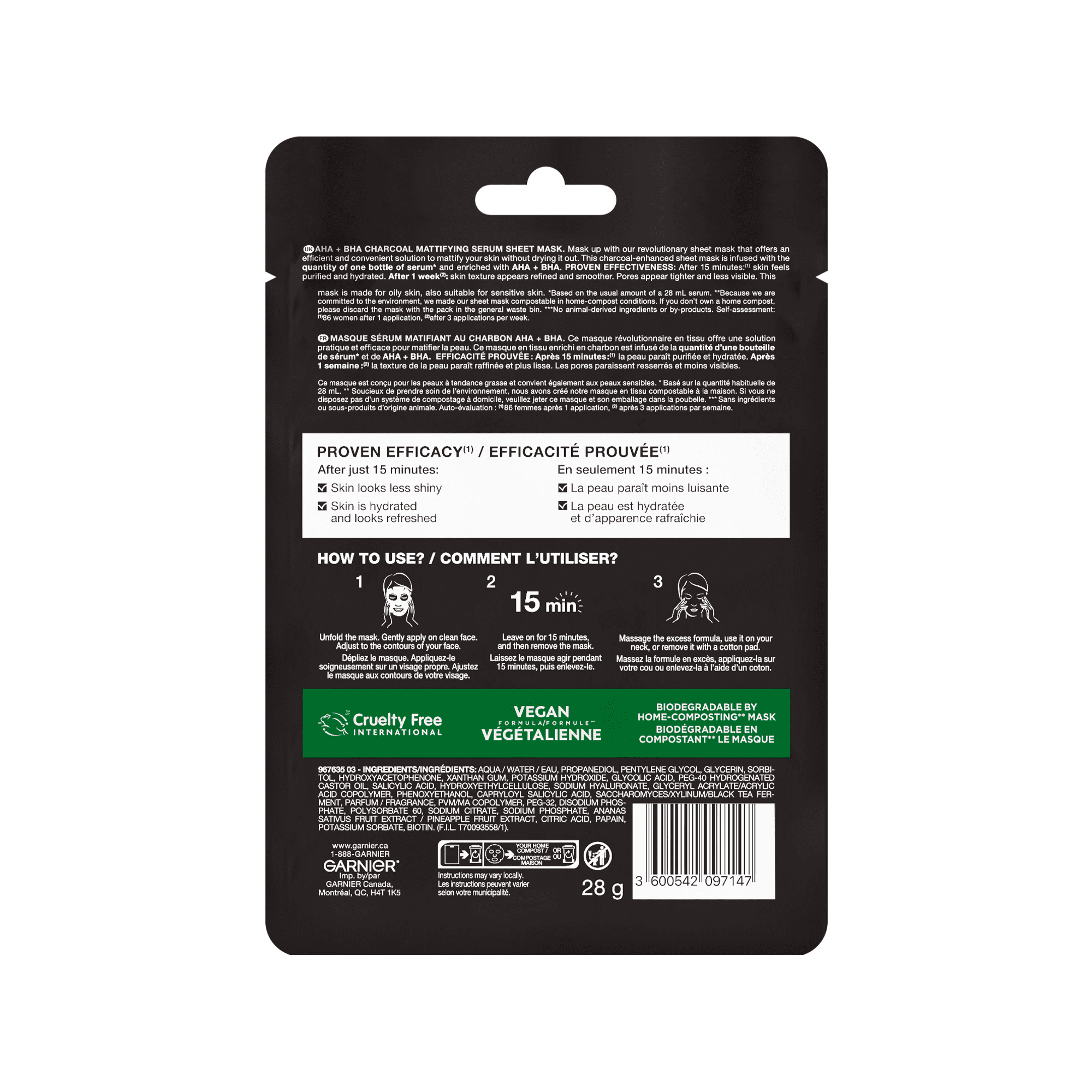 Garnier AHA+BHA Charcoal Mattifying Serum Mask, for Oily Skin, 1 Count