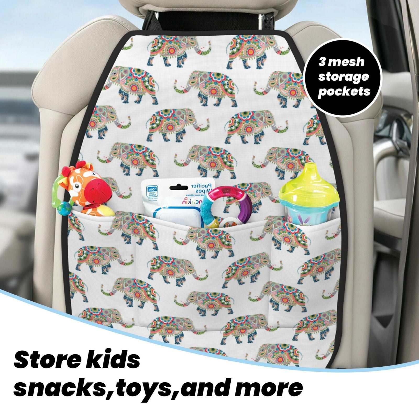 Xecao Indian Elephant Pattern Car Seat Back Protector 2 Pack Large Capacity Pocket, Kick Mats Back Seat Protector