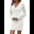 thumbnail image 2 of Women'S Mini Fitted Crochet Hollow-Out Sweater Sexy- Dress Dressy Casual Long Sleeve V Neck Knit Dresses White S, 2 of 8