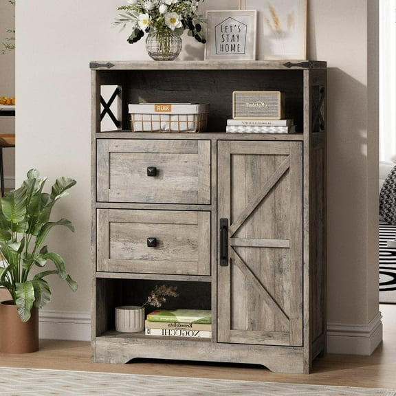 Fameill Farmhouse Storage Cabinet with 2 Drawers & Shelves,Freestanding Kitchen Cabinet with Doors,Floor Storage Organization for Living Room,Bathroom,Laundry,Grey