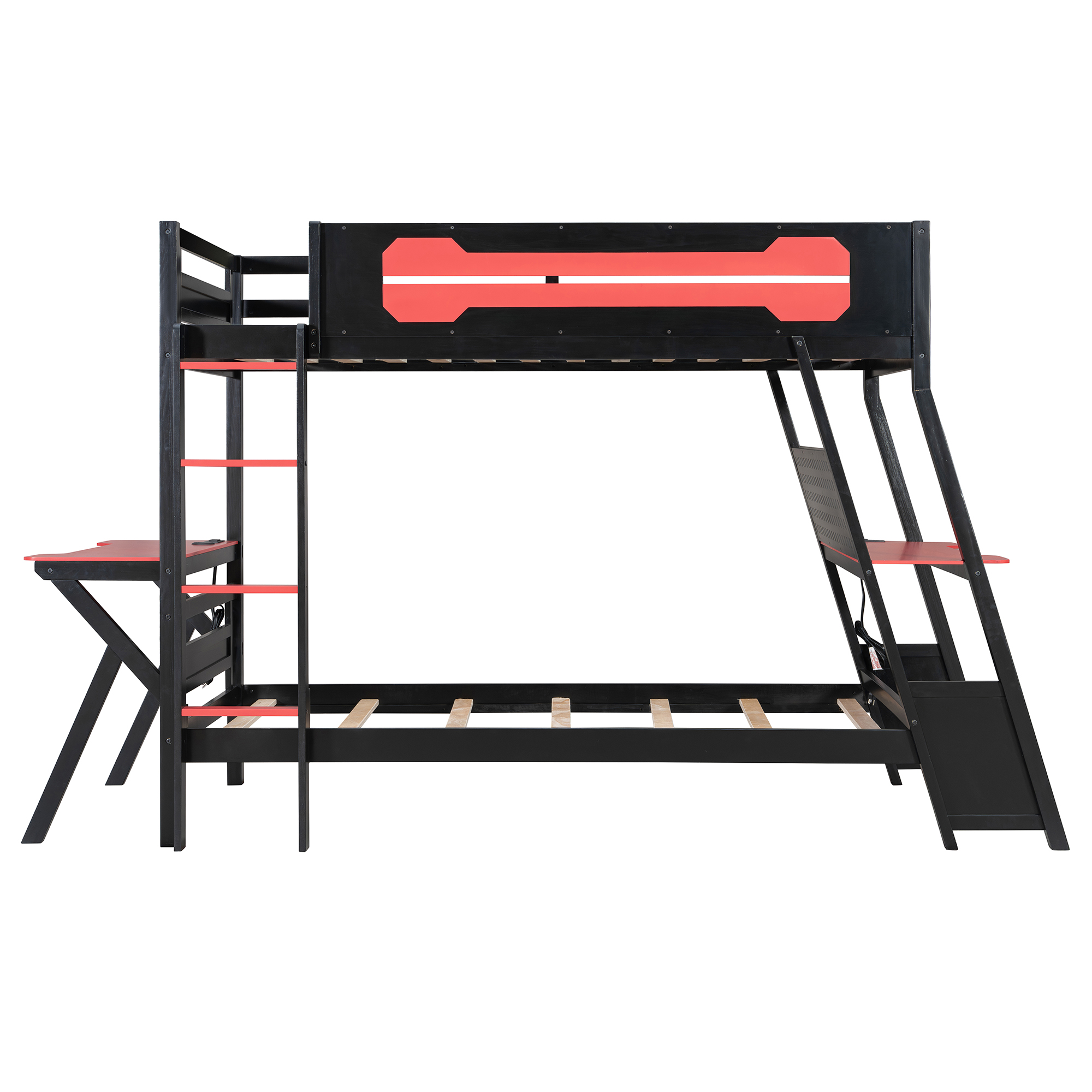 Aukfa Twin over Twin Bunk Bed with Built-In Desks, USB Charging Ports & Pegboard Organizer, Wood E-Sports Gaming Bed Frame for Kids/Teens, Red
