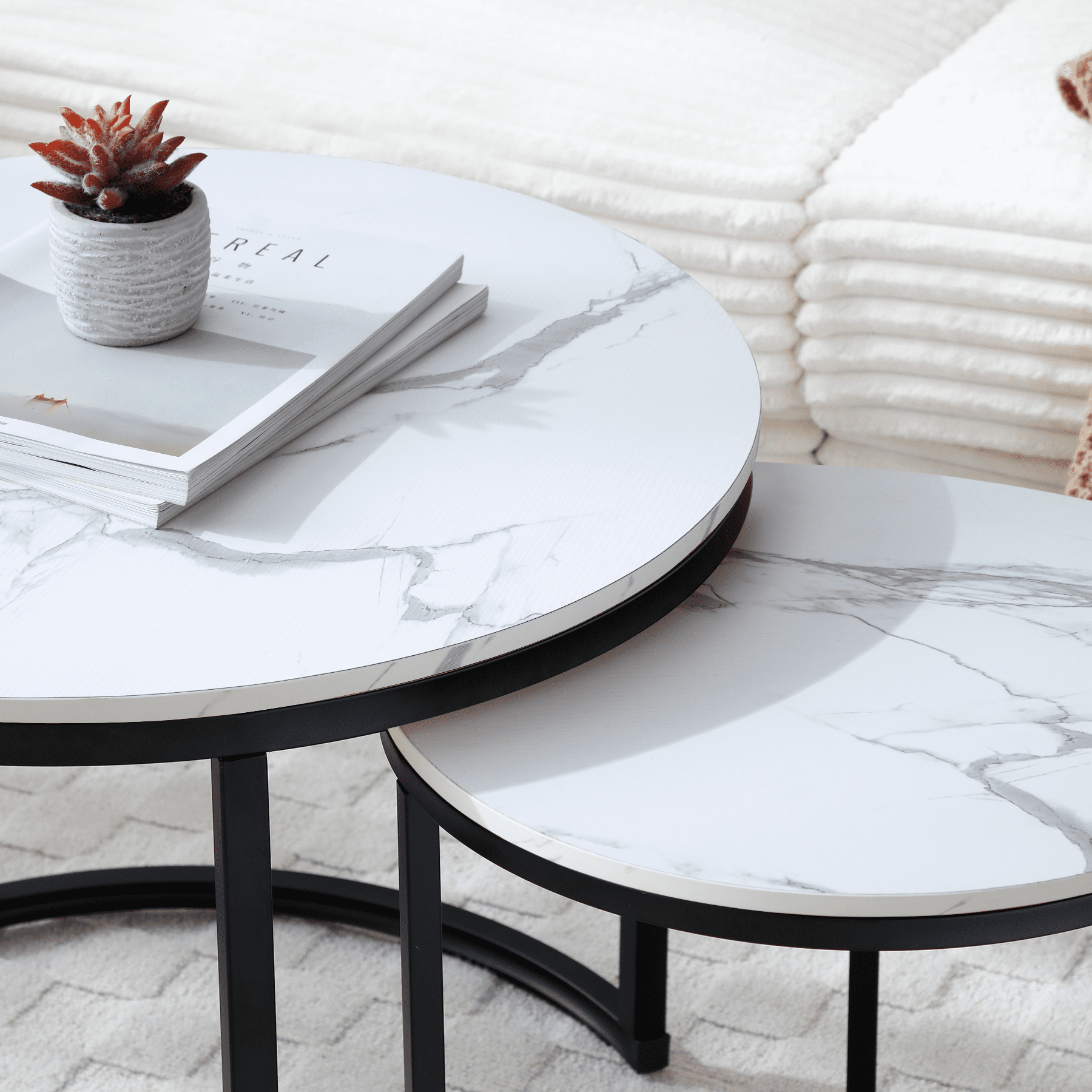 Set of 2 Nesting Round Coffee Tables, White & Marble Pattern Tabletop with Black Metal Frame, Modern Industrial Wooden Side Table, Accent Nightstand for Living Room Bedroom Apartment