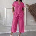 thumbnail image 6 of Women’s 2 Piece Outfit Set Button Short Sleeve Shirt and Drawstring Waist Cropped Wide Leg Capri Pants with Pockets, Light Weight for Daily‑Wear, Vacation and Shopping S-5XL Hot Pink, 6 of 6