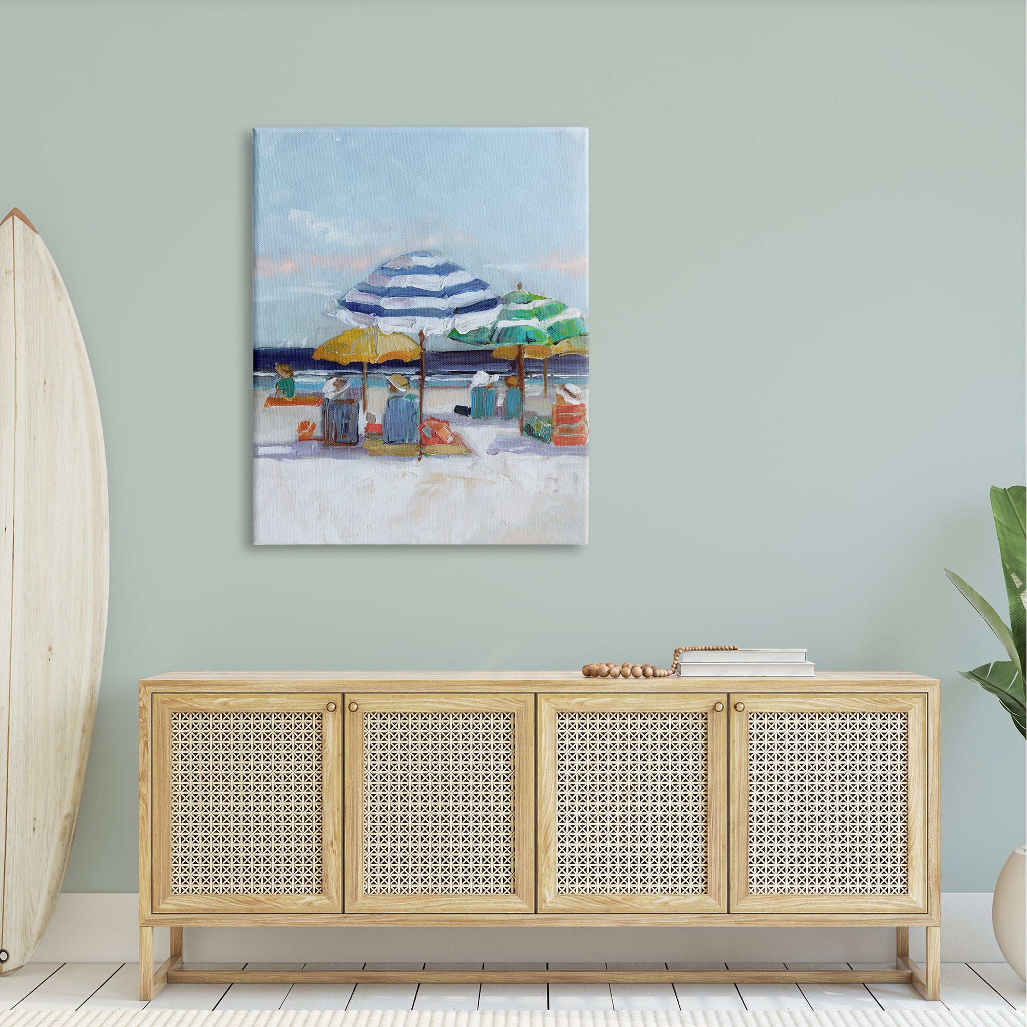Stupell Industries Calm Beach Umbrella People Relaxing Ocean Shoreline , 36 x 48, Design by Sally Swatland