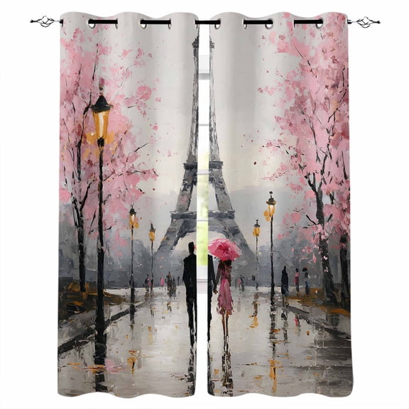 Valentine's Day Blackout Curtains for Bedroom/Living Room, Thermal Insulated Kitchen Curtains, Couples Flowers Rainy Tower Romantic Pink Grommet Darkening Window Treatment Drapes 52"x63"x2